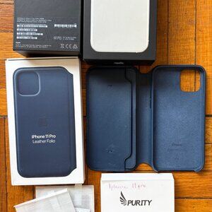 iphone 11 pro leather folio case & screen protectors & empty iphone box